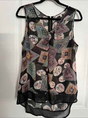 Daniel Rainn Sheer Geometric & Medallion Print Tank Top - Black Multicolor